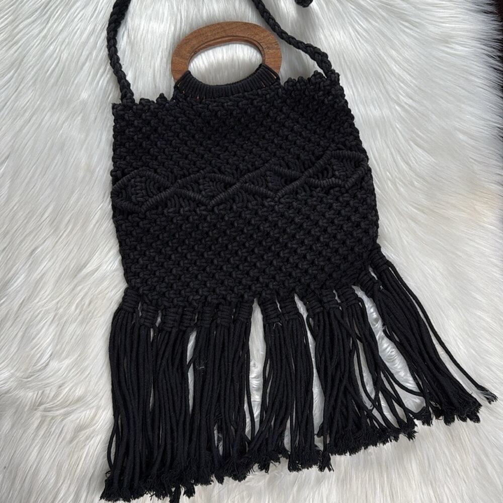Danielle Nicole Black Macrame Fringe Bag - image 3